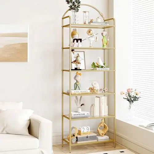 Produktbild: Hzuaneri Regal, Bücherregal aus gehärtetem Glas, schlankes Regal für Schlafzimmer, Badezimmer, Heimbüro, Stahlrahmen, 6 Ablagen Gold BC21699G