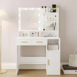 Produktbild: Hzuaneri Schminktisch mit Spiegel und 10 LED-Beleuchtung, Einstellbare Helligkeit, Schminkkommode mit 2 Schublade & 1 Schrank, 3 Ablagen & 4 offenen Fächern, Weiß DT32503X