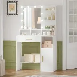 Produktbild: Hzuaneri Schminktisch mit Spiegel und 10 LED-Leuchten, Schminktisch mit 3 Ablagen & 4 offenen Fächern, Schminktische mit Großer Schublade & Schrank, 3 Einstellbare Beleuchtungsstärken, Weiß VT08103X