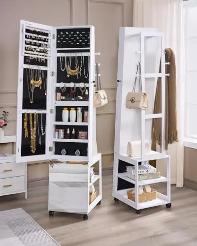 Produktbild: Hzuaneri Schmuckschrank mit Lichtleiste, Spiegel, stehender Schmuckschrank mit Kleiderständer, beweglicher Ganzkörperspiegel mit Rädern, abschließbare Ablagefächer mit Haken, Weiß JC17103B