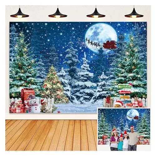 Produktbild: IADIUENOG Weihnachtswunderland Hintergrund Weihnachtsnacht Tannenbaum Winterwald Szene Nordpol Hintergrund Schneeflocke Vollmond Nacht Familie Party Fotohintergründe 2,1 x 1,5