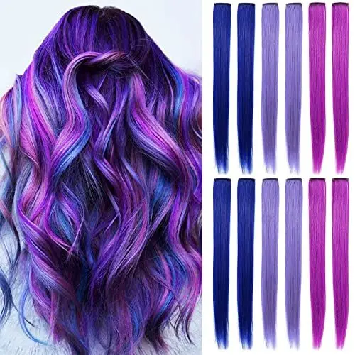 Produktbild: IAMERUI Farbige Haarverlängerungen Bunte Haarverlängerung Party Highlights Multi-Farben Clip in Haar Synthetische Haarteile für Mädchen und Kinder (Blau Lila Lavendel)