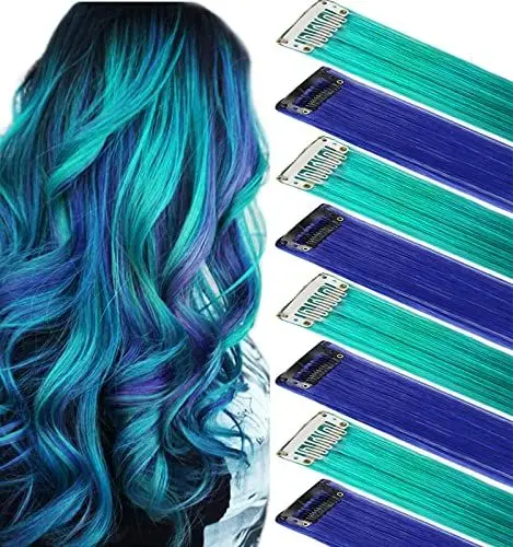 Produktbild: IAMERUI Multicolors Party Highlights Glattes Haar Bunte Clip in Kunsthaarverlängerungen in mehreren Farben Hitzebeständiges langes Haarteil (Blau Teal)