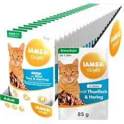 Produktbild: IAMS Delights Katzenfutter Nass mit Thunfisch & Hering in Gelee - vollwertiges Nassfutter für erwachsene Katzen, 24 x 85g Beutel