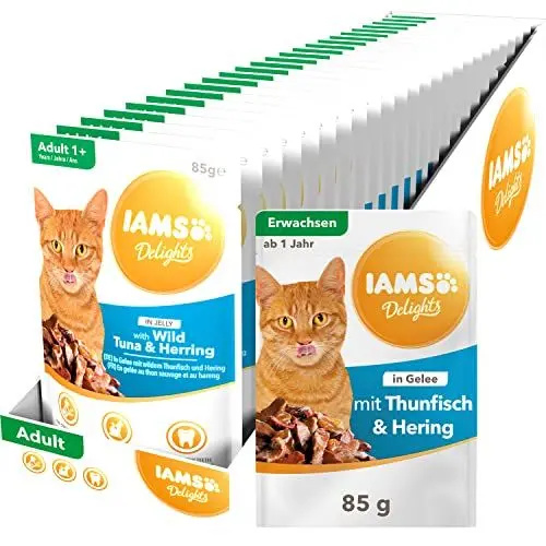 Produktbild: IAMS Delights Katzenfutter Nass mit Thunfisch & Hering in Gelee - vollwertiges Nassfutter für erwachsene Katzen, 24 x 85g Beutel