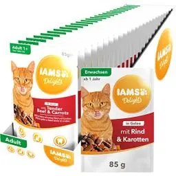 Produktbild: IAMS Delights Katzenfutter Nass mit saftigem Rind & Karotten in Gelee - vollwertiges Nassfutter für erwachsene Katzen, 24 x 85g Beutel