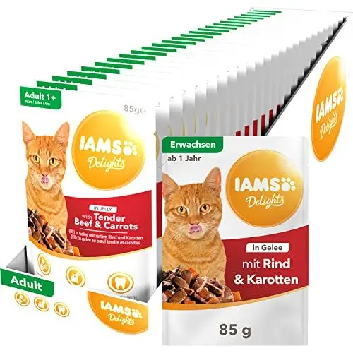 Produktbild: IAMS Delights Katzenfutter Nass mit saftigem Rind & Karotten in Gelee - vollwertiges Nassfutter für erwachsene Katzen, 24 x 85g Beutel