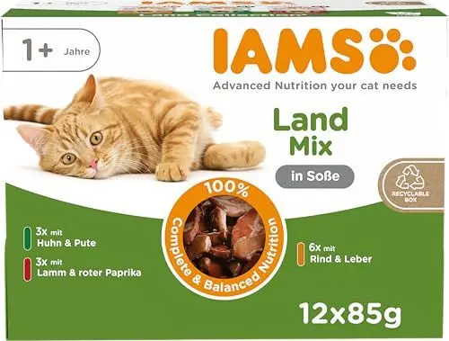 Produktbild: IAMS Delights Land Collection Katzenfutter Nass - Multipack mit Fleisch Sorten (Lamm, Rind, Huhn & Pute) in Sauce, Nassfutter für Katzen ab 1 Jahr, 12 x 85g