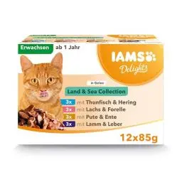 Produktbild: IAMS Delights Land & Sea Collection Katzenfutter Nass - Multipack mit Fleisch und Fisch Sorten in Gelee, Nassfutter für Katzen ab 1 Jahr, 12 x 85 g