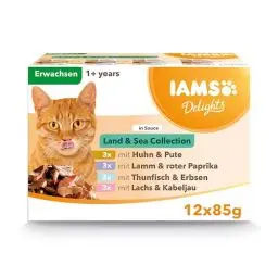 Produktbild: IAMS Delights Land & Sea Collection Katzenfutter Nass - Multipack mit Fleisch und Fisch Sorten in Sauce, Nassfutter für Katzen ab 1 Jahr, 12 x 85 g