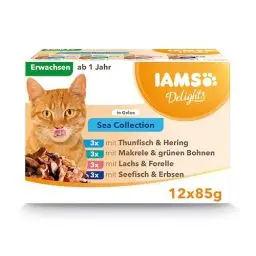 Produktbild: IAMS Delights Sea Collection Katzenfutter Nass - Multipack mit Fisch Sorten (Lachs, Thunfisch, Makrele, Seefisch) in Gelee, Nassfutter für Katzen ab 1 Jahr, 12 x 85g