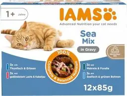 Produktbild: IAMS Delights Sea Collection Katzenfutter Nass - Multipack mit Fisch Sorten (Lachs, Thunfisch, Makrele, Seefisch) in Sauce, Nassfutter für Katzen ab 1 Jahr, 12 x 85g