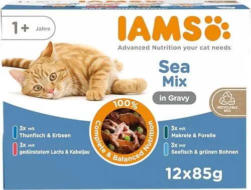 Produktbild: IAMS Delights Sea Collection Katzenfutter Nass - Multipack mit Fisch Sorten (Lachs, Thunfisch, Makrele, Seefisch) in Sauce, Nassfutter für Katzen ab 1 Jahr, 12 x 85g