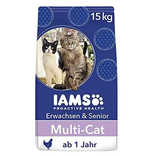 Produktbild: Iams Multi-Cat Trockenfutter für Haushalte mit mehreren erwachsenen oder älteren Katzen, mit Huhn als Hauptzutat, enthält viel hochwertiges tierisches Protein, 15 kg