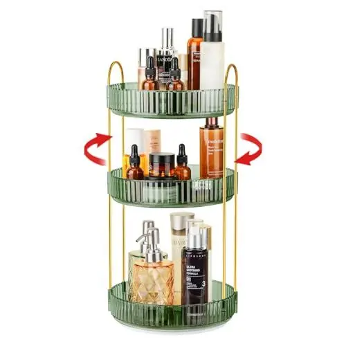Produktbild: iarack Make Up Organizer, 360° Drehbar Kosmetik Organizer, Beauty Hautpflege Organizer, Schminktisch Organizer Drehbar für Badezimmer (3 Schichten, Hellgrün)