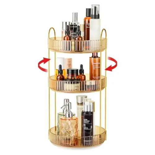Produktbild: iarack Make Up Organizer, 360° Drehbar Kosmetik Organizer, Beauty Hautpflege Organizer, Schminktisch Organizer Drehbar für Badezimmer (3 Schichten, Gold)