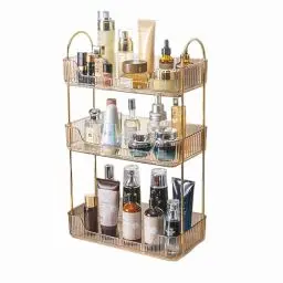 Produktbild: iarack Make Up Organizer, Parfüm Kosmetik Organizer, Badezimmer Ablage für Frisiertisch Tablett, Rechteckig, Aufbewahrung für Schminktisch(3 Schichten, Gold)