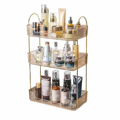 Produktbild: iarack Make Up Organizer, Parfüm Kosmetik Organizer, Badezimmer Ablage für Frisiertisch Tablett, Rechteckig, Aufbewahrung für Schminktisch(3 Schichten, Gold)