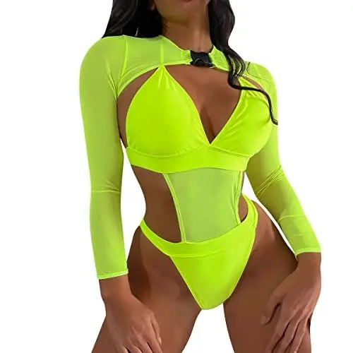 Produktbild: IBAKOM Damen Frauen Rave Outfits 2-teilige Cutout Badeanzug Monokini Bodysuit Langarm Shrug Crop Top Festival Urlaubskleidung Fluoreszierendes Grün M