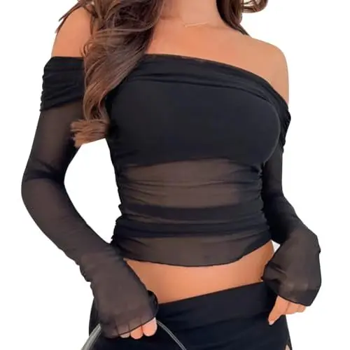Produktbild: Odizli Netzoberteil Damen Sexy Langarm Off Shoulder Durchsichtiges Transparent Netz Mesh Oberteil Netzshirt Festival Rave Techno Outfit Frauen Y2K Crop Top Party Streetwear Hip Hop Kleidung Schwarz L