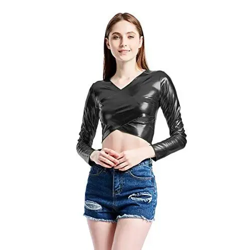 Produktbild: IBAKOM Damen Shiny Liquid PU Leder V-Ausschnitt Langarm Crop Top Wetlook Cross Trägerloses Top Sexy Clubwear Schwarz M