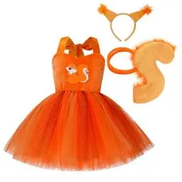 Produktbild: IBAKOM Halloween Kostüm Kinder Eichhörnchen Kostüm Elefantenkostüm Tüllkleid Tiere Rollenspiel Kostüm Stirnband Schwanz Fliege Cosplay Outfit für Fasching Karneval Eichhörnchen-orange 9-10 Jahre