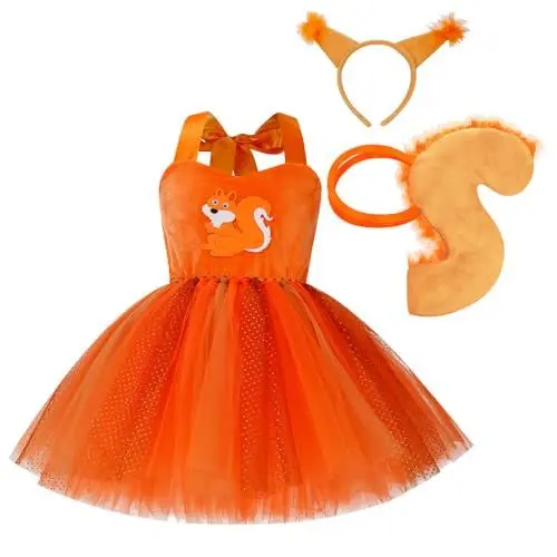 Produktbild: IBAKOM Halloween Kostüm Kinder Eichhörnchen Kostüm Elefantenkostüm Tüllkleid Tiere Rollenspiel Kostüm Stirnband Schwanz Fliege Cosplay Outfit für Fasching Karneval Eichhörnchen-orange 11-12 Jahre