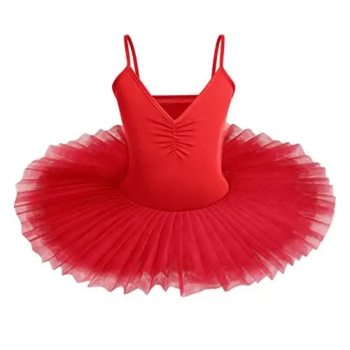 Produktbild: IBAKOM Kinder Mädchen Ballettkleid Schwanensee Kostüm Tanzen Tutu Kleid V-Ausschnitt Camisole Trikot Tanzkleidung Ballerina Gymnastik Spaghettiträger Ärmelloses Tanzoutfit Rot 13-14 Jahre