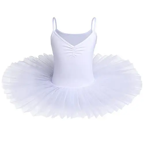 Produktbild: IBAKOM Kinder Mädchen Ballettkleid Schwanensee Kostüm Tanzen Tutu Kleid V-Ausschnitt Camisole Trikot Tanzkleidung Ballerina Gymnastik Spaghettiträger Ärmelloses Tanzoutfit Weiß 7-8 Jahre