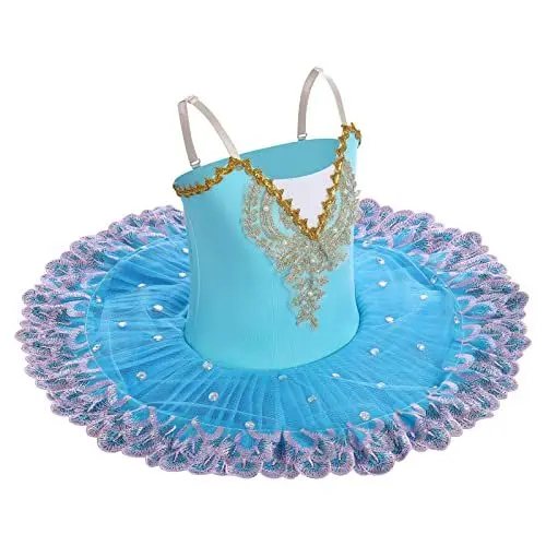 Produktbild: IBAKOM Mädchen Ballettkleid Spaghettiträgern Ballett Tanzkleid Schwanensee Spitze Perlen Camisole Trikot Turnanzug Tutu Kostüm Eiskunstlauf Tanzkleidung Ballerina Outfit Himmelblau 11-12 Jahre
