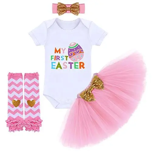 Produktbild: IBAKOM Neugeborenes Baby Mädchen Meine Erste Ostern Kostüm Kleidung Set Kurzarm Strampler Bodysuit + Pailletten Bowknot Tutu Rock + Beinwärmer + Stirnband 4Pcs Fotoshooting Outfit Stil 1 0-6 Monate