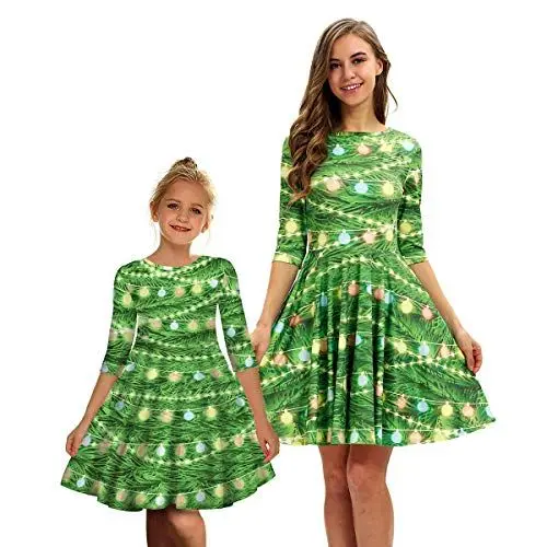 Produktbild: IBAKOM Weihnachten Mutter Tochter Partnerlook Kleid Damen Mädchen Mittel Ärmel Weihnachtskleid Weihnachtskleidung Mama Kinder Kleider Familie Kleidung Grün 2 M