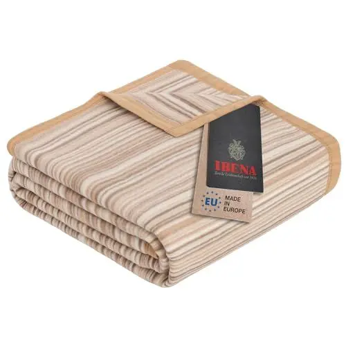 Produktbild: Ibena Malang Wolldecke 150x200 cm - Baumwollmix weich, warm & waschbar, Kuscheldecke Streifen beige