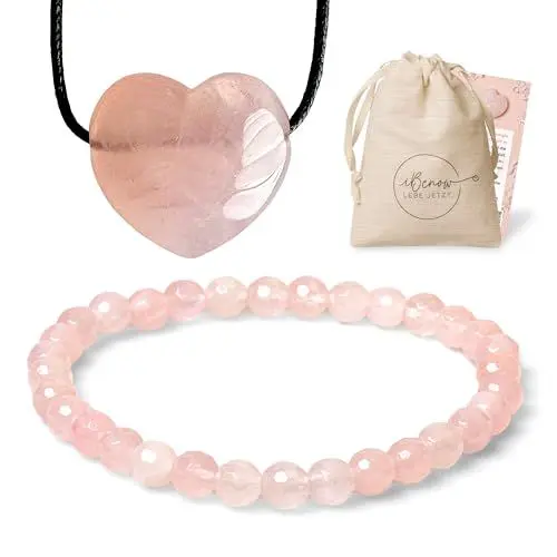 Produktbild: iBenow Geschenkset: Rosenquarz Kette echter Stein (Unikat) Glücksstein für die Liebe (Partnerkette) wertvoller Edelstein (Glücksbringer) 4. Chakra (Herzchakra) (Kette Herz 25mm + Armband)