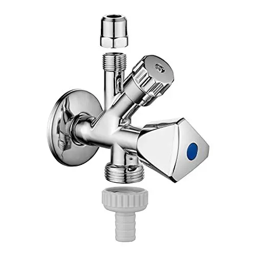 Produktbild: Ibergrif Kombi Eckventil 1/2 zoll Wandanschluss, 3/8 zoll Schlauchanschluss, Selbstdichtend, mit Spülmaschinenanschluss, Chrom Silber