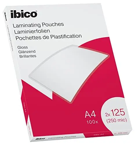 Produktbild: Ibico Laminierfolien A4 250 Mikron (2 x 125 mic), 100 Stück, Glänzende Heißlaminierfolien, Abgerundete Ecken, Ideal für Büro oder Schule, Transparent, Kristallklar, 627318