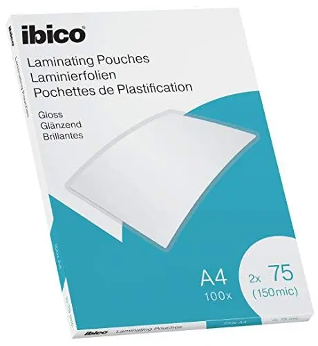 Produktbild: Ibico Laminierfolien A4 150 Mikron (2 x 75 mic), 100 Stück, Glänzende Heißlaminierfolien, Abgerundete Ecken, Dünn und transparent, Kristallklar, Ideal für Büro oder Schule, 627316