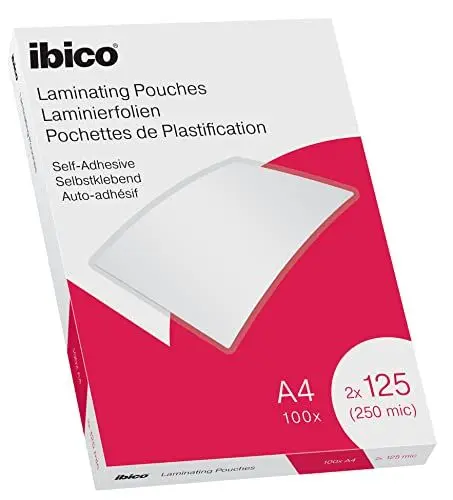 Produktbild: Ibico Selbstklebende Laminierfolien A4 250 Mikron (2 x 125 mic), 100 Stück, Glänzende Heißlaminierfolien, Abgerundete Ecken, Transparent, Kristallklar, Ideal für Hinweisschilder und Dokumente, 627325