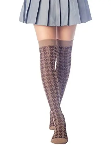Produktbild: iB-iP Damen Hahnentrittmuster Halterlose Overknee Socken, Größe: Einheitsgröße, Dunkelbeige