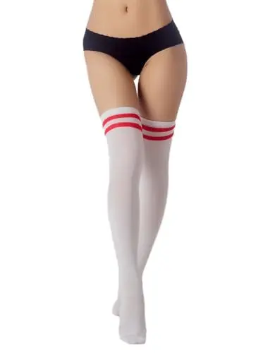 Produktbild: iB-iP Damen Navy Streifen Sport Fußball Stil Halterlose Oberschenkel Hohe Lange Socken, Größe: Einheitsgröße, Weiß & Rot