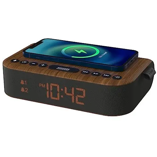 Produktbild: i-box Wecker mit kabelloser Aufladung, Nachttisch-Radiowecker Stereo-Bluetooth-Lautsprecher, kabellose QI-Aufladung mit USB-Ladeanschluss, Dual-Alarm, FM-Radio…