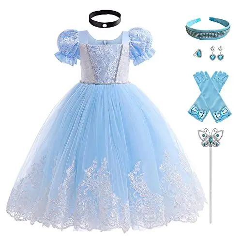 Produktbild: IBTOM CASTLE Cinderella Kleid Mädchen Kinder Aschenputtel Prinzessinenkleid Kostüm Karneval Faschingskostüm Lang Ballkleid Cosplay Party Halloween Langarm Festkleid+Zubehör Hellblau 9-10 Jahre