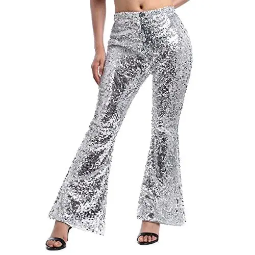 Produktbild: Damen Glitzer Pailletten Schlaghose High Waist Weites Bein Hose Legins Cargohose Hippie 70er 80er 90er Jahre Kost?m Mottoparty Disco Rave Tanz Outfit Clubwear Karneval Fasching Halloween Silber XL