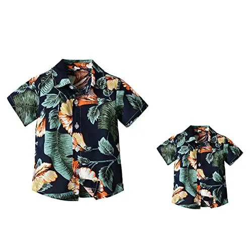 Produktbild: IBTOM CASTLE Papa und ich zusammenpassende Outfits Vater und Sohn Hemden Jungen Boho Blumen Sommer Strand Hawaii Urlaub Outfit Schwarze Blätter 6-7 Jahre