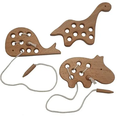 Produktbild: ICA-TICA Montessori Buchenholz Fädelspiel-Set 3 Stück Tierformen Lernspiel Feinmotorik Set Fädeltiere Fädelspielzeug Holzspielzeug Reisespielzeug Förderspielzeug