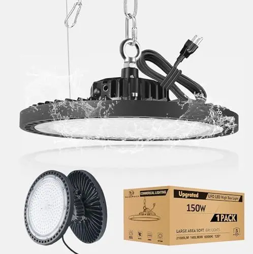 Produktbild: ICEKO 150w LED Werkstatt Deckenleuchte,22500LM/6000k/IP65 Wasserdicht,UFO LED Hallenstrahler, Industrial Werkstattlampe,Feuchtraumleuchte,Kellerlampe,Werkstatt Beleuchtung(Schwarz)