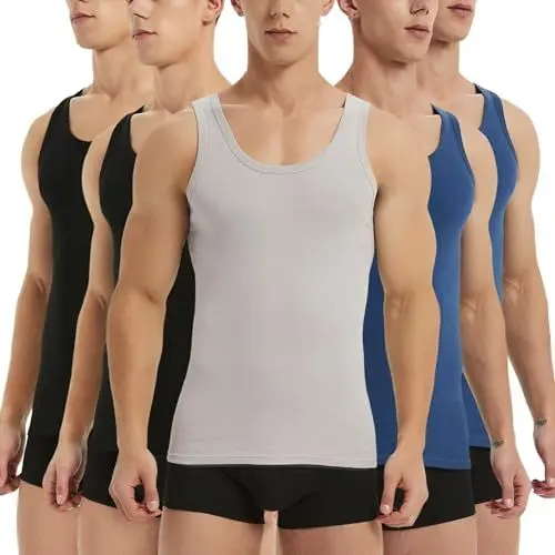 Produktbild: IceReco Tanktop Herren Feinripp Unterhemd Herren Schwarz 100% Baumwolle Unterhemden Herren Blau Tank Top Sport Grau Männer Tanktops 5er Pack Muskelshirt Achselshirts Herren XL