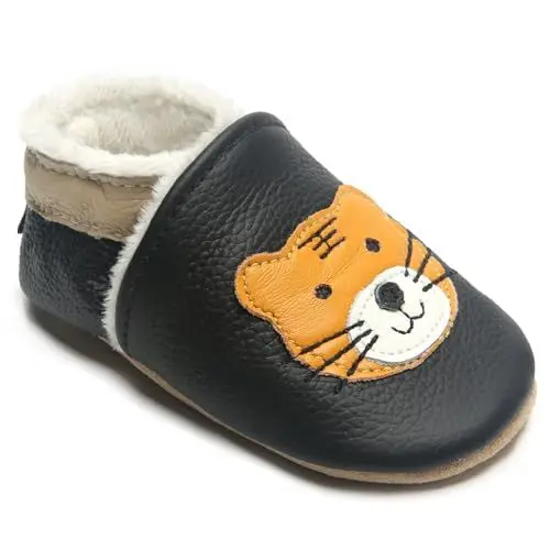 Produktbild: IceUnicorn Krabbelschuhe Baby Winter Krabbelschuhe Gefüttertlüsch Hausschuhe Baby Lauflernschuhe Warm Weiche Leder Babyschuhe(Plüsch Tiger, 6-12 Monate)