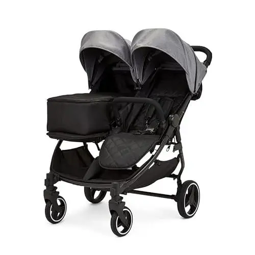 Produktbild: Ickle Bubba Venus Prime Doppel kinderwagen - geeignet von Geburt bis 15 kg (ca. 3 Jahre), leichter, faltbarer Zwillingskinderwagen mit Neugeborenenkokon, 2 Fußwärmern und Regenschutz (Grau)