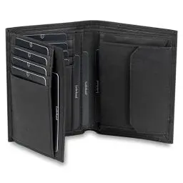 Produktbild: iClassy Hochformat - Echtleder Geldbörse handgemacht und doppelt genäht Portemonnaie mit Münzfach und Platz für 13 Karten + 1 Sichtfach mit RFID NFC Schutz - Geschenk | (Schwarz)